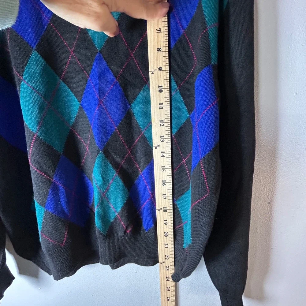 Talbots Petites PM Black‎ Argyle Turtleneck Sweater Merino Wool Made in Italy